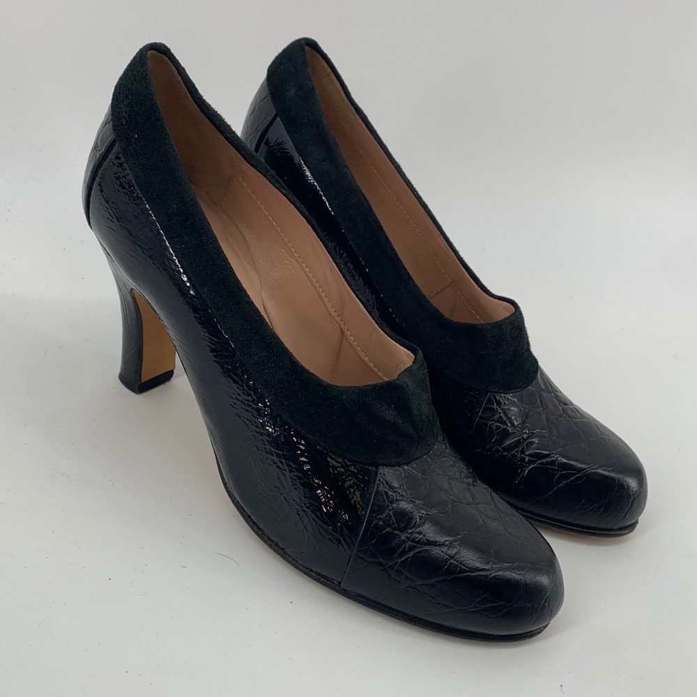 Anyi Lu Black Croc Embossed Patent Leather Suede Trim Pumps Made in Italy Sz 38